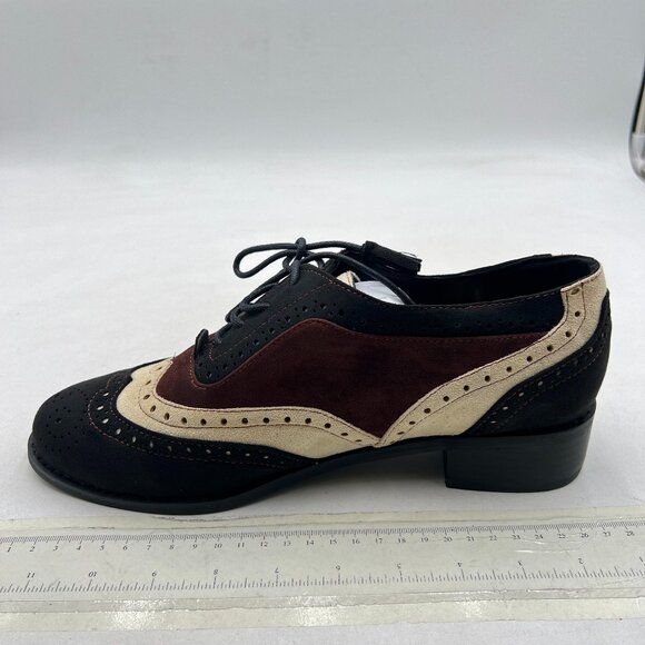 Brown Suede Patchwork Closed Toe Oxford Loafers Wingtip Self Tie Low Heel Pumps - Picture 1 of 7